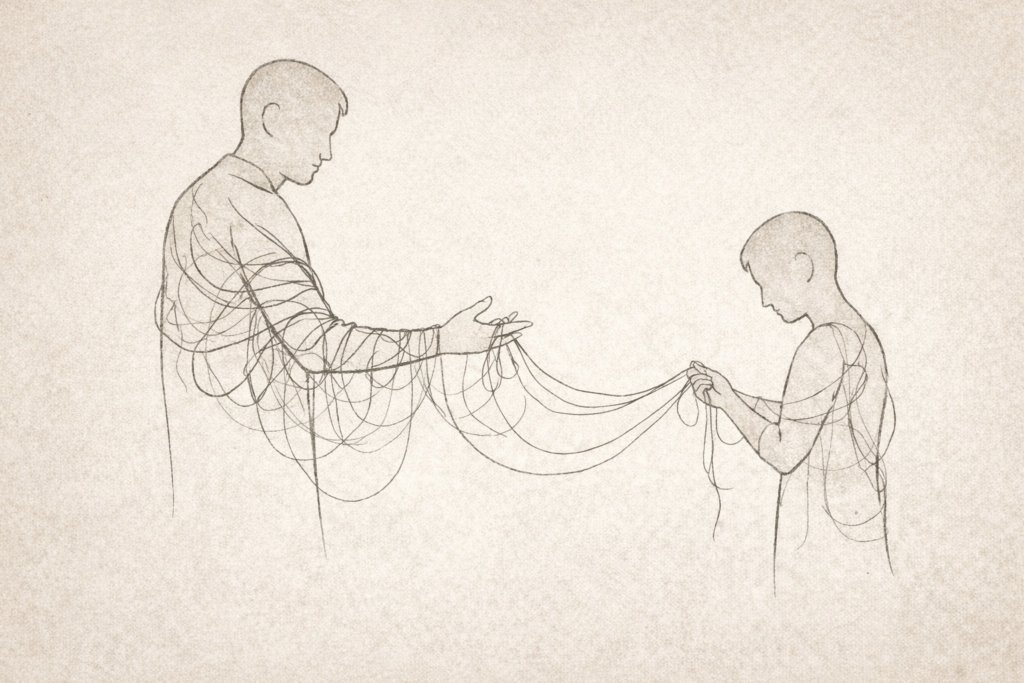 Editorial line drawing representing reconnecting with a controlling parent, psychological autonomy, boundaries, and healing in adult parent-child relationships.