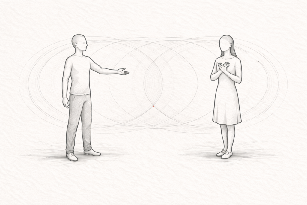 Minimalist line illustration representing energy exchange between two figures with overlapping fields, symbolising consent and boundaries in spiritual and energy work