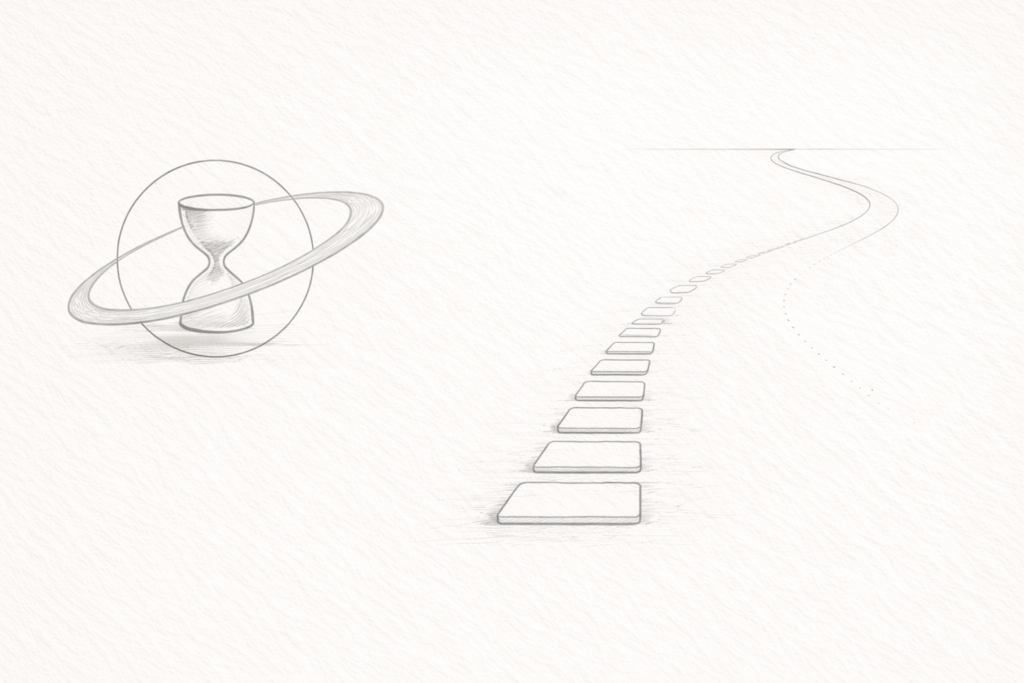 Minimalist line illustration symbolising Saturn’s cycle alongside a path evolving toward career change and growth.