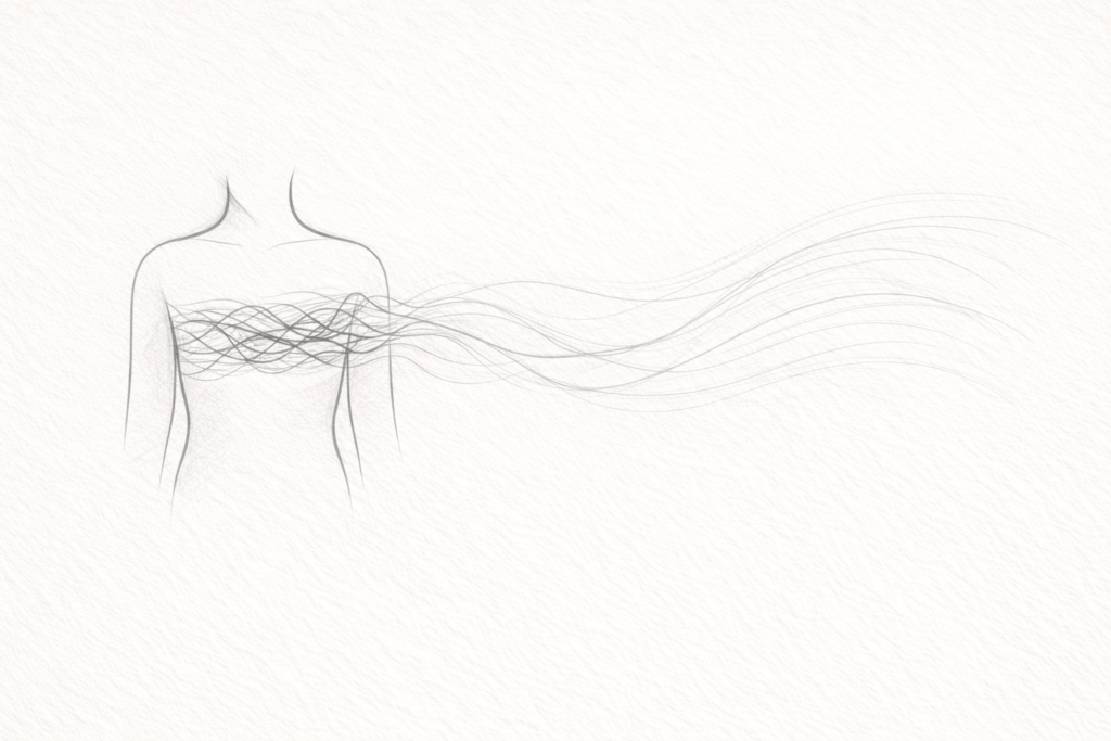 Minimalist monochrome line illustration of an abstract torso with flowing lines representing internal tension and healing movement.