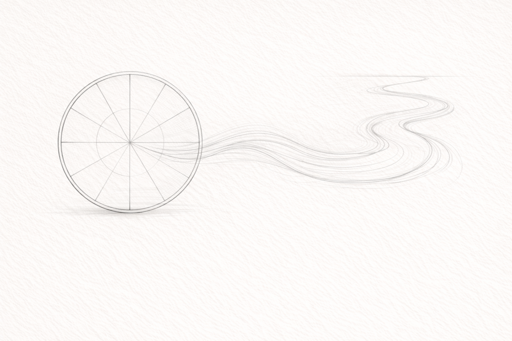 Editorial charcoal drawing representing a traditional astrological wheel and interpretive path, emphasising why Hellenistic astrology is practiced.