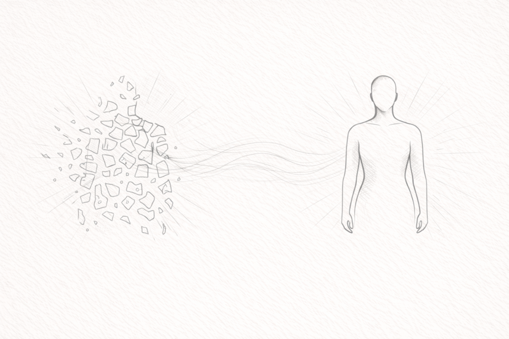 Minimalist monochrome line illustration of fragmented elements reassembling into a coherent form, symbolising the messy process of psychological healing.