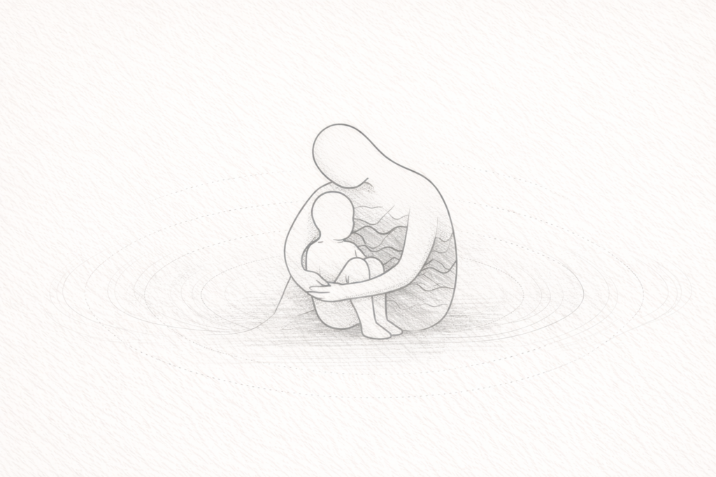 Minimalist line illustration of an abstract small figure beside a larger figure with jagged and flowing lines representing emotional instability and boundary reflection.