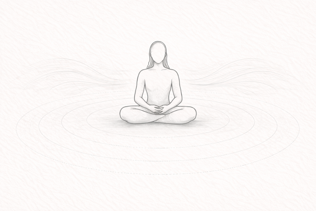 Minimalist line illustration of a figure in meditation with concentric waves of awareness, symbolising expanded consciousness and inner stillness.