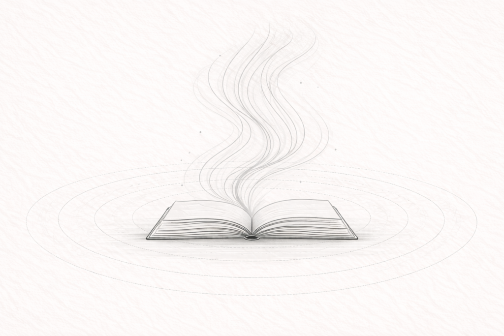 Minimalist line illustration of an open book with flowing lines rising upward, symbolising reading as a healing and transformative experience.