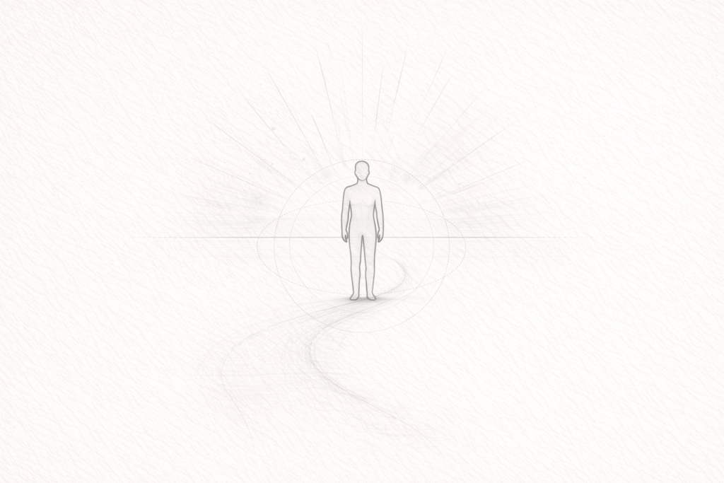 Minimalist monochrome line illustration of a contemplative figure on a horizon with faint path and subtle lines representing introspection, trauma, and the search for purpose.