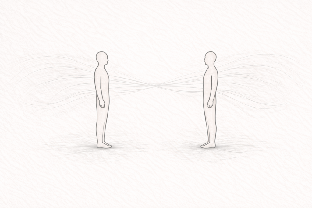 Minimalist monochrome line illustration of two abstract figures connected by subtle lines in open space, symbolising compassion and shared silence.