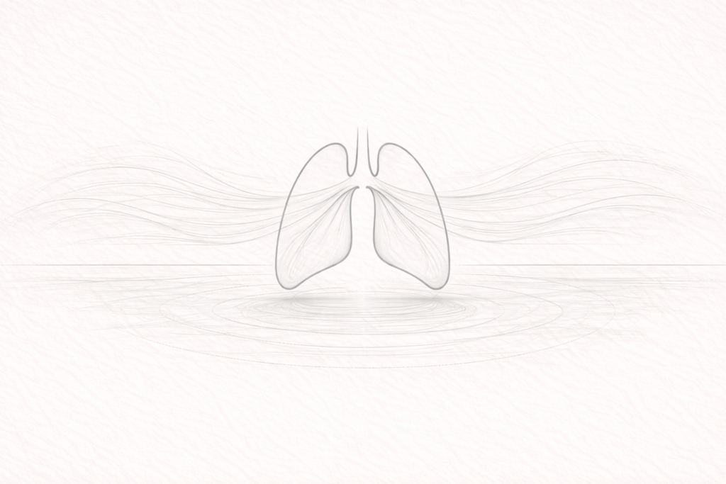 Minimalist line illustration of an abstract lung shape with flowing breath lines expanding into open space, symbolising breath, fragility, and meaning.