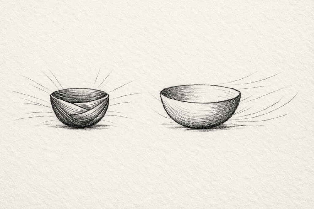 Minimalist monochrome line illustration contrasting a closed inward form and an open rounded form, symbolising scarcity versus enoughness mindset.