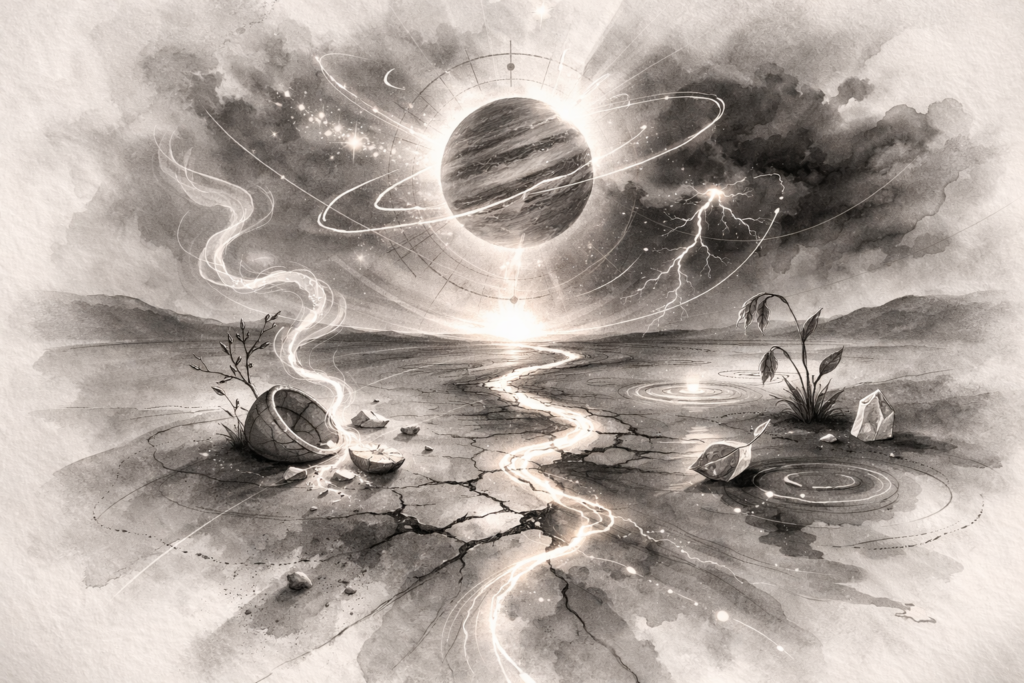 Minimalist monochrome illustration of a Jupiter-like planet above a landscape, symbolising complex emotional experiences during a Jupiter transit in astrology.