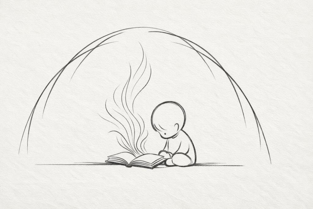 Minimalist monochrome line illustration of a child reading within a protective curved space, symbolising books as emotional sanctuary in childhood.