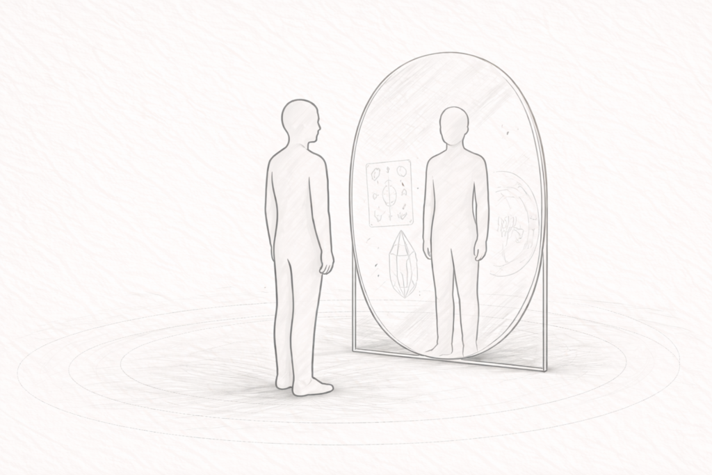 Conceptual composition showing a simple human figure standing before a mirror.