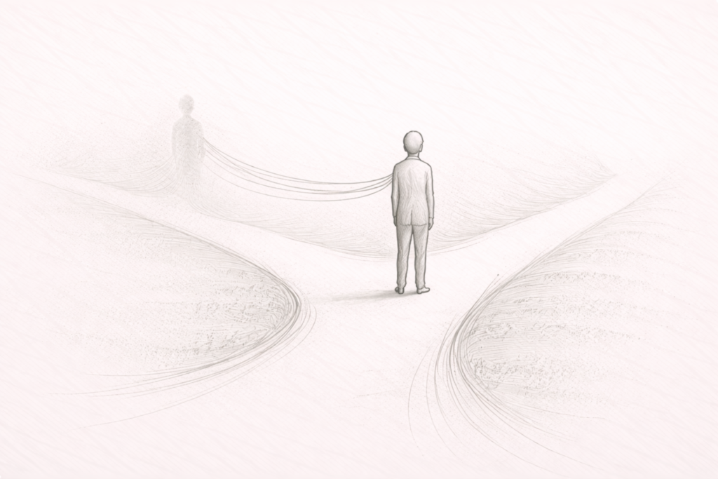 Conceptual composition showing a simple human figure standing at a subtle fork in a path, but instead of moving forward, the figure is gently tethered backward by thin, almost invisible lines connected to a fading silhouette behind them.
